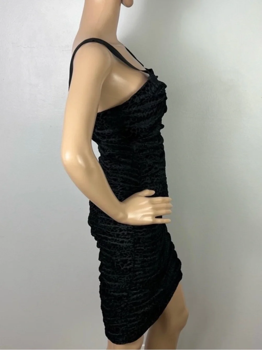 NEW LIKELY BLACK LEOPARD BURNOUT VELVET RUCHED MINI DRESS - Picture 6 of 8